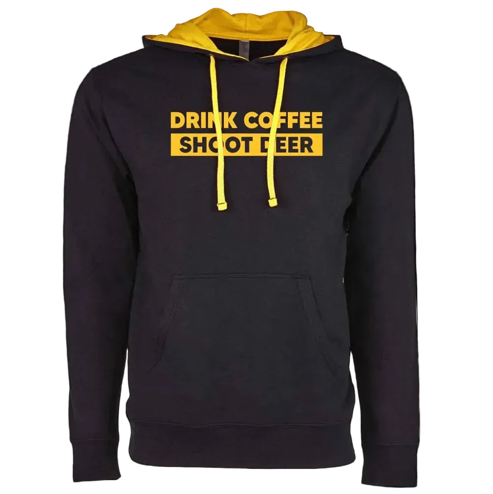 A black pullover hoodie with a bright yellow hood lining, yellow drawstrings, and a yellow graphic text on the chest reading 'DRINK COFFEE SHOOT BEER'.