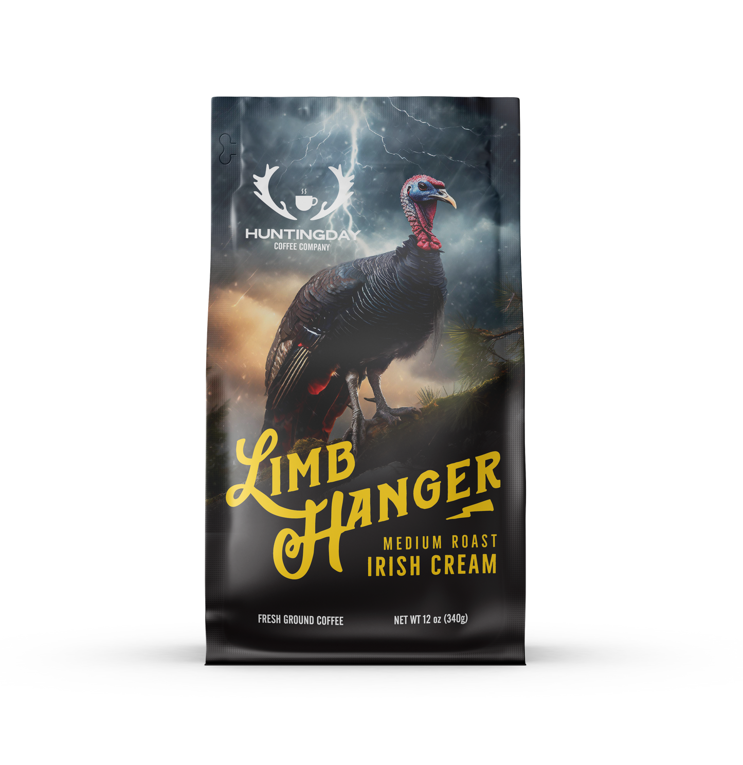 A bag of Huntago Coffee Company 'Limb Hanger' medium roast Irish cream coffee, featuring a graphic of a wild turkey under a stormy sky on a black background with yellow text.