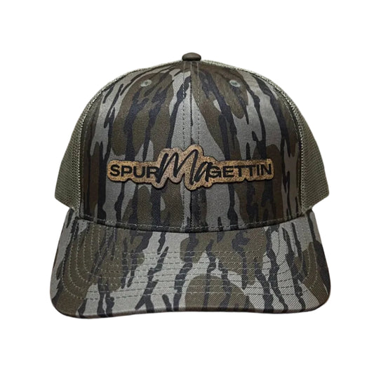 Camouflage-patterned cap with a brand logo