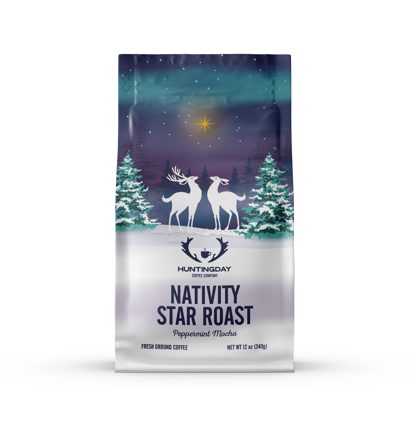 A bag of Huntingday Coffee Company Nativity Star Roast Peppermint Mocha coffee, featuring a festive winter illustration with two white deer, snow-covered pine trees, and a starry night sky on a white background.