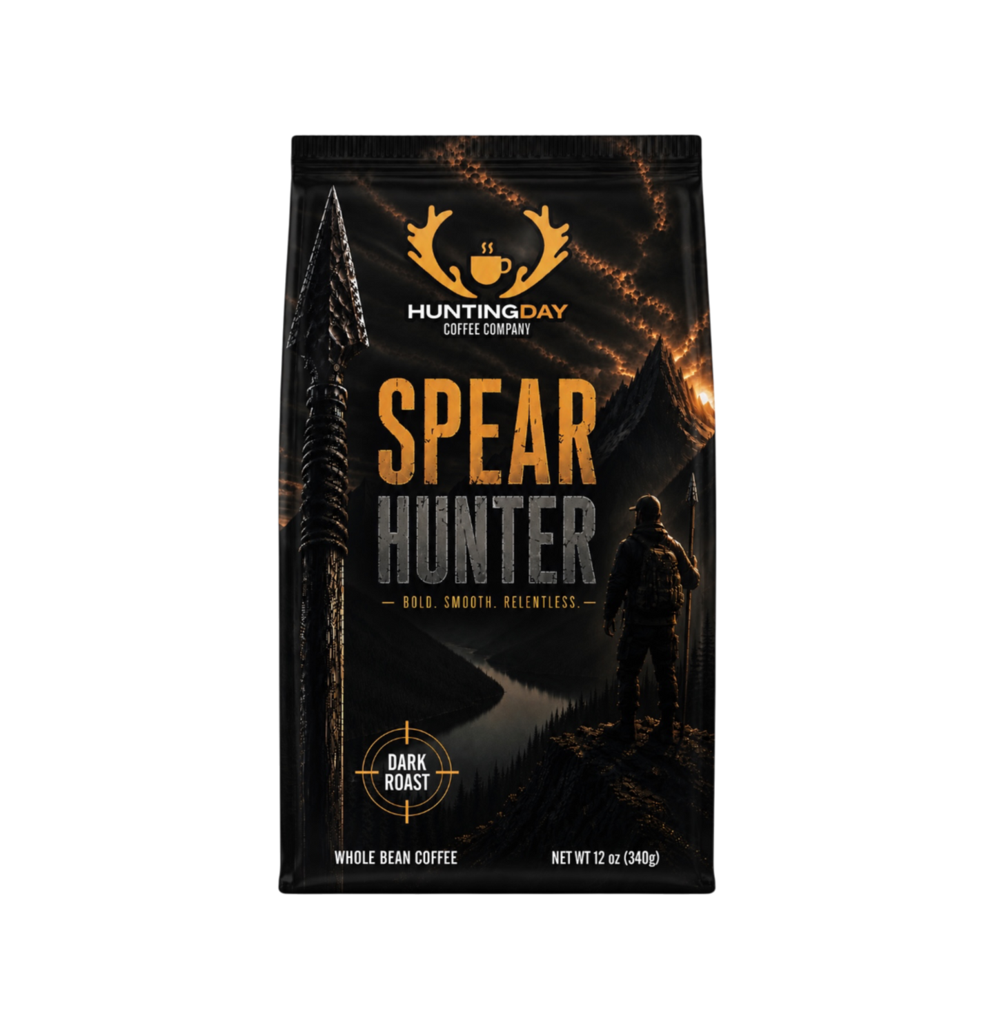 A 12 oz bag of Hunting Day Coffee Company's Spear Hunter Dark Roast whole bean coffee. The packaging is black with a dramatic graphic of a hunter standing in a dark forest at night under a fiery sky, with the product name 'SPEAR HUNTER' in large gold and gray letters.