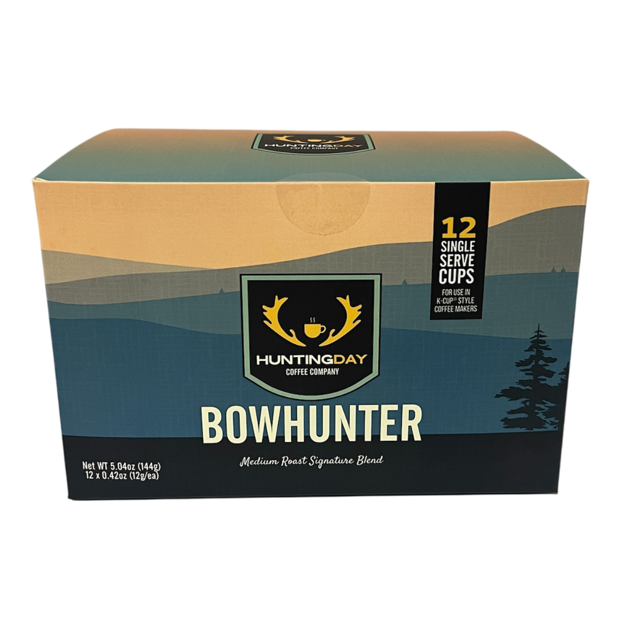 A box of Huntingday Bowhunter Medium Beef Signature Blend coffee, featuring a mountain landscape graphic in teal, beige, and black with a central hunting logo.