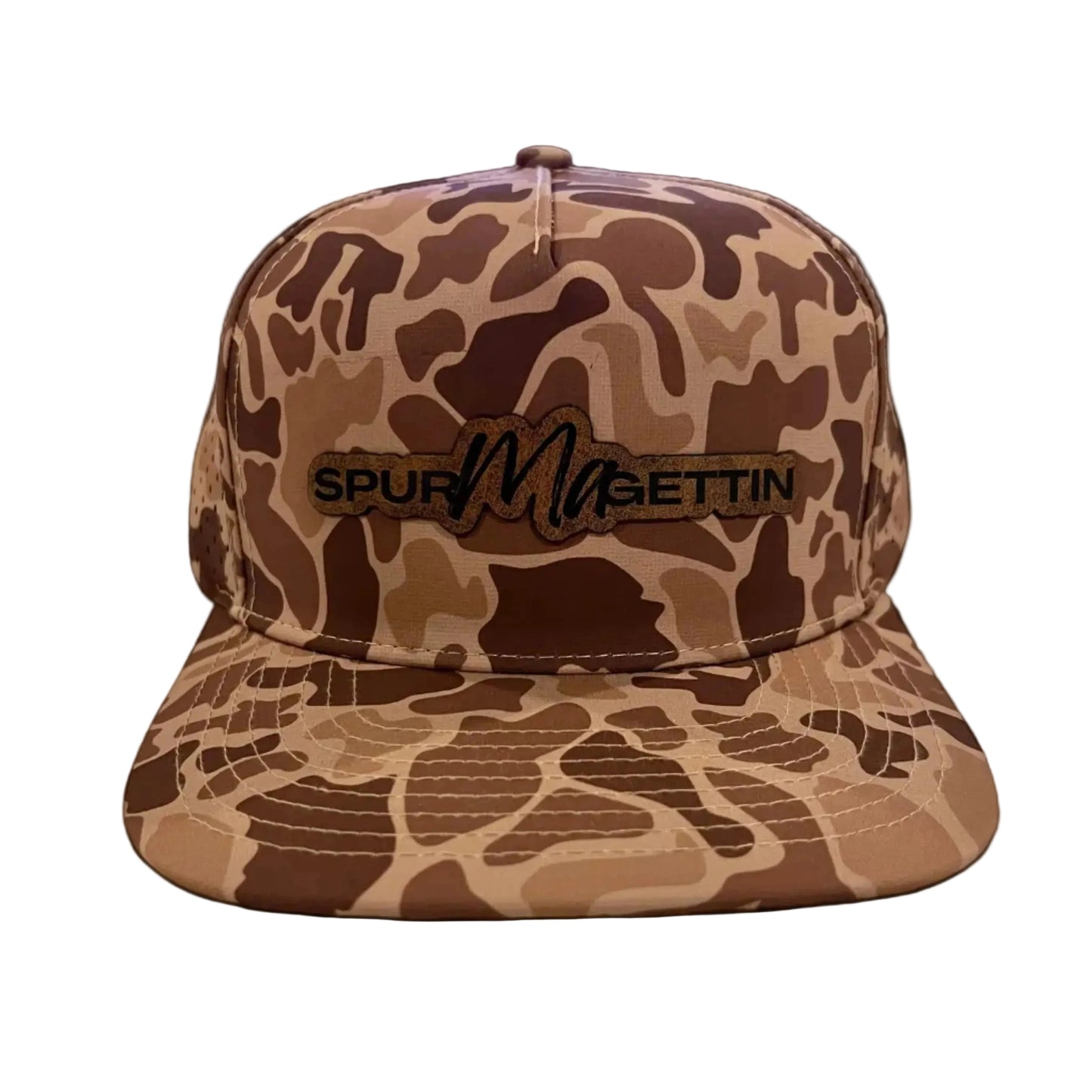 A brown and tan camouflage snapback cap with a black embroidered 'SPURMAGETTIN' logo on the front