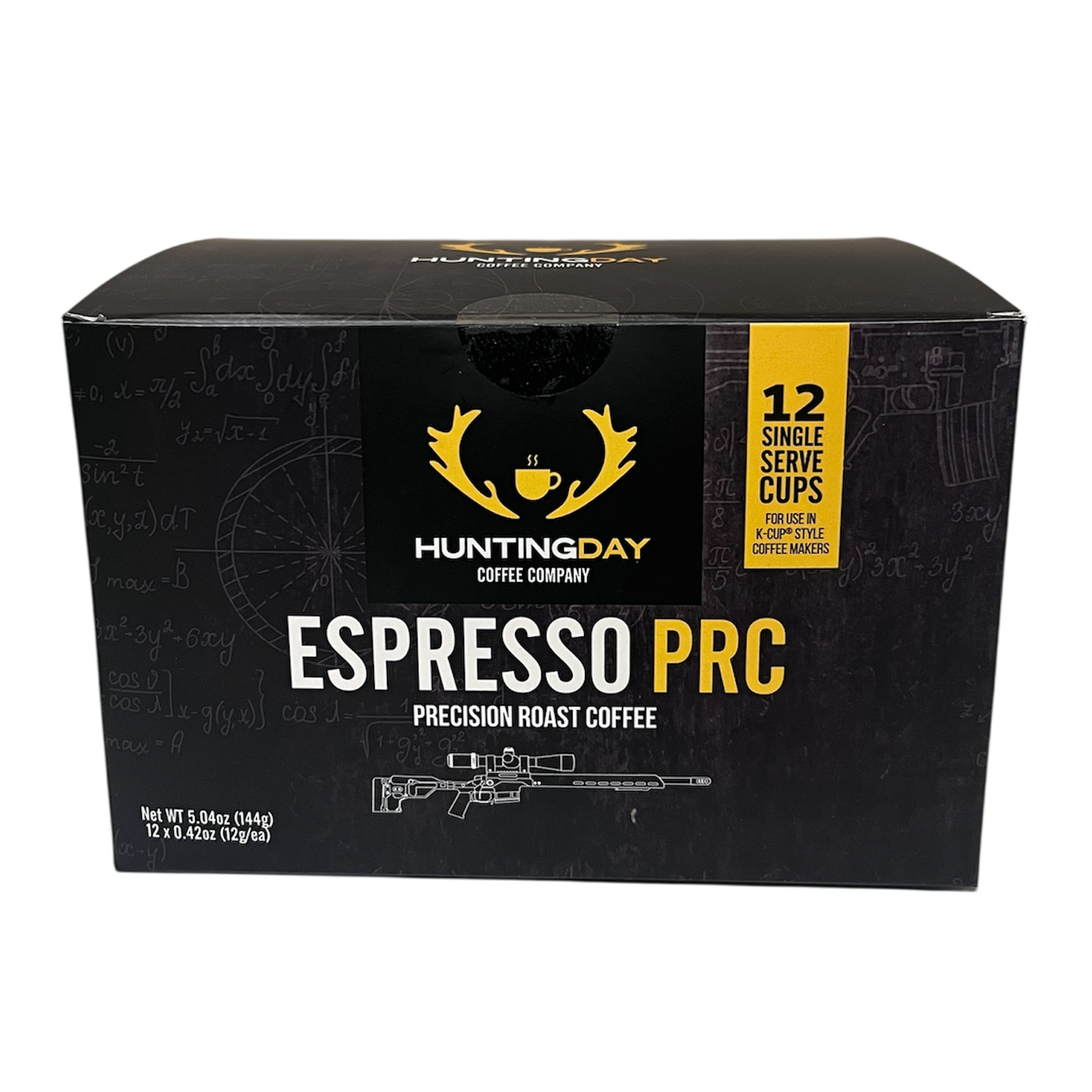 A black coffee box labeled Huntingday Coffee Company Espresso PRC, with yellow and white text and a small yellow badge indicating 12 single-serve cups, shown on a plain white background.
