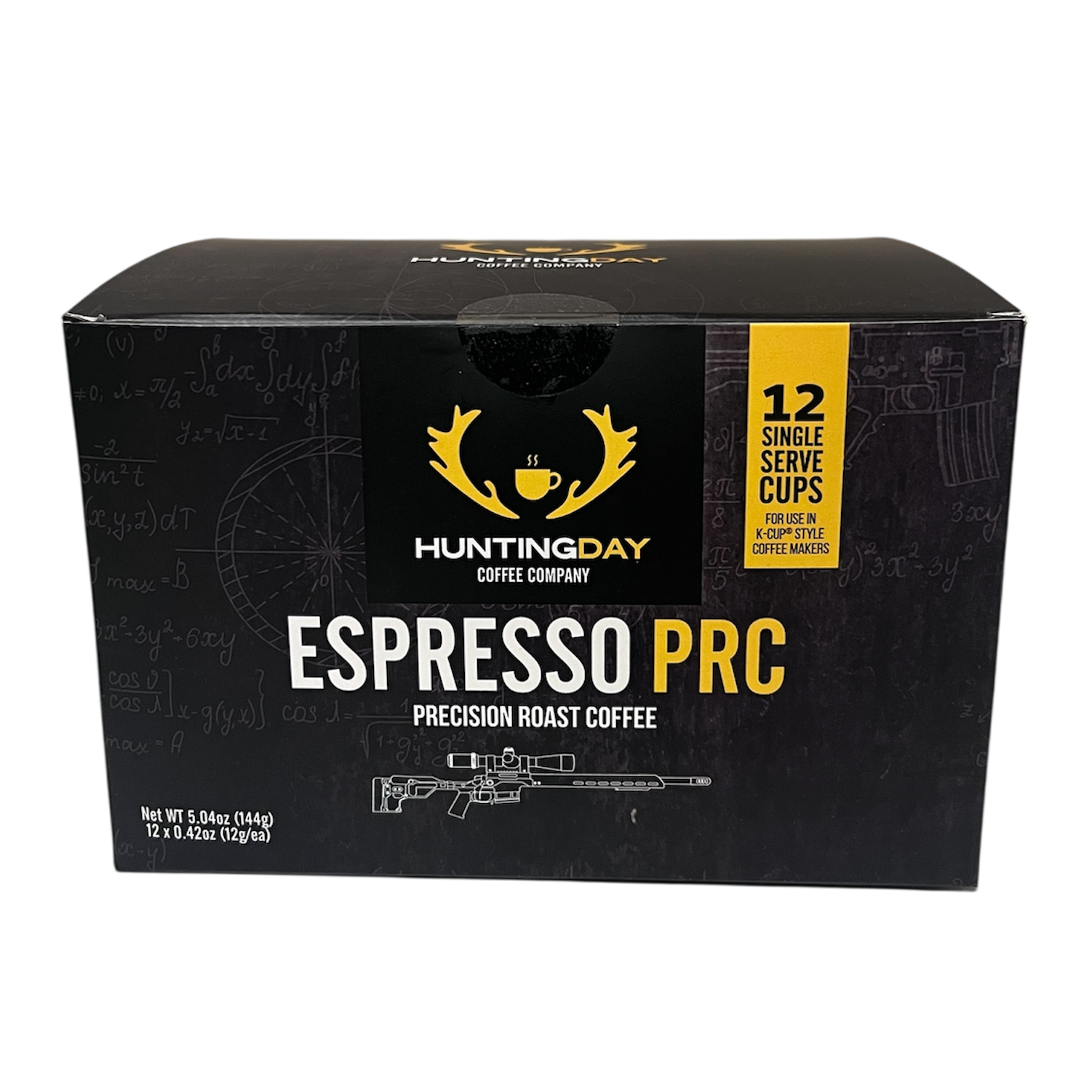 A black coffee box labeled Huntingday Coffee Company Espresso PRC, with yellow and white text and a small yellow badge indicating 12 single-serve cups, shown on a plain white background.