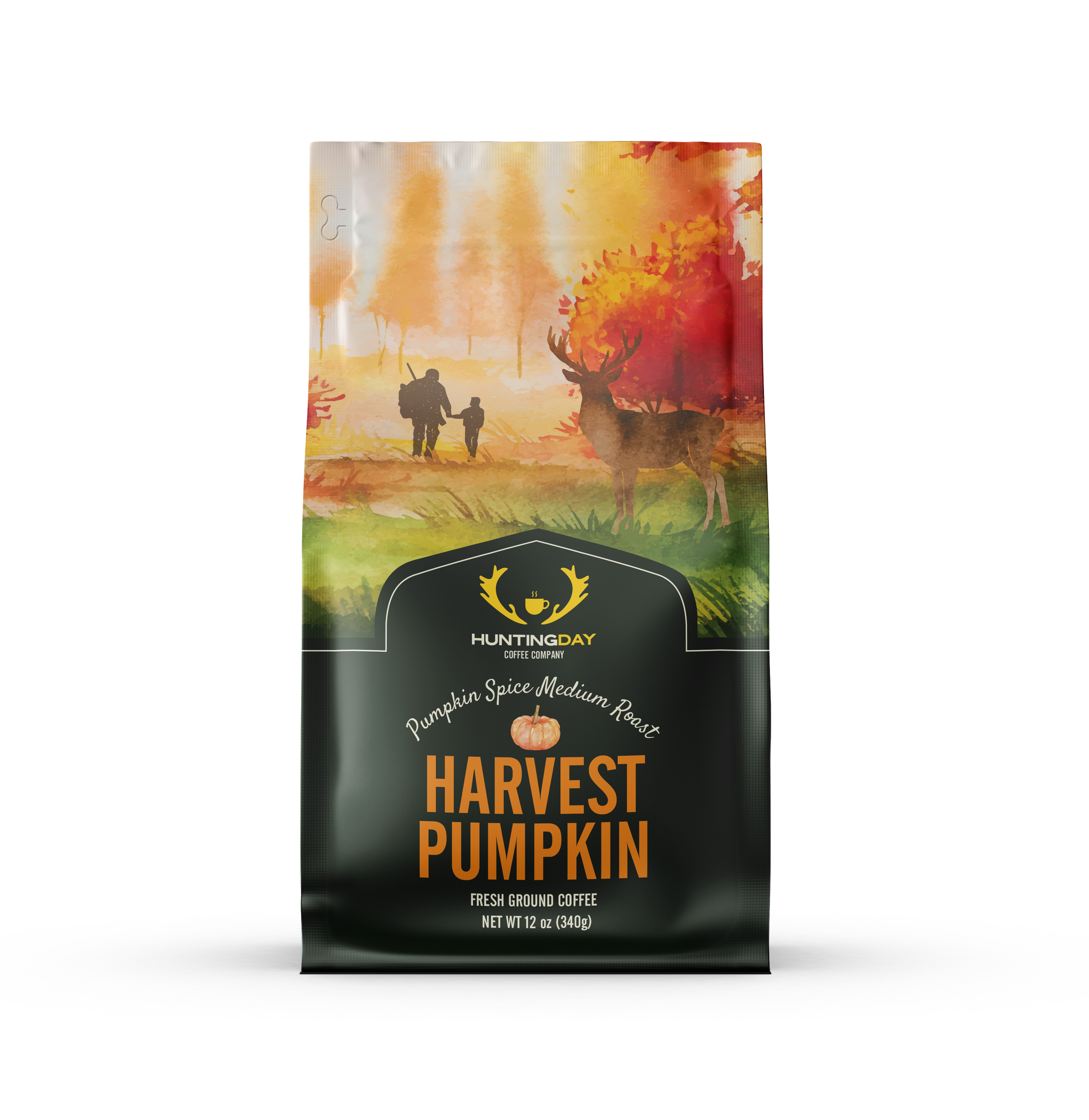 A bag of Hunting Day Coffee's Harvest Pumpkin coffee, featuring a dark green lower half with orange text and a watercolor autumn scene on the upper half.