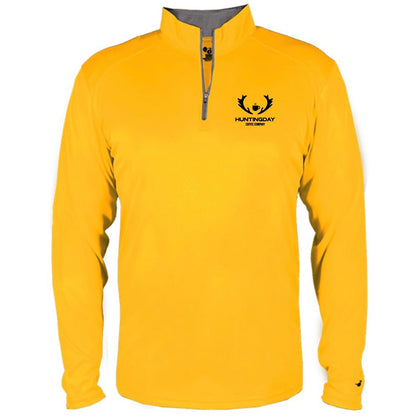 A yellow long-sleeve quarter-zip pullover with a gray inner collar and a black chest logo featuring a deer head and the text 'HAYSENG DAY OUTDOORS'.