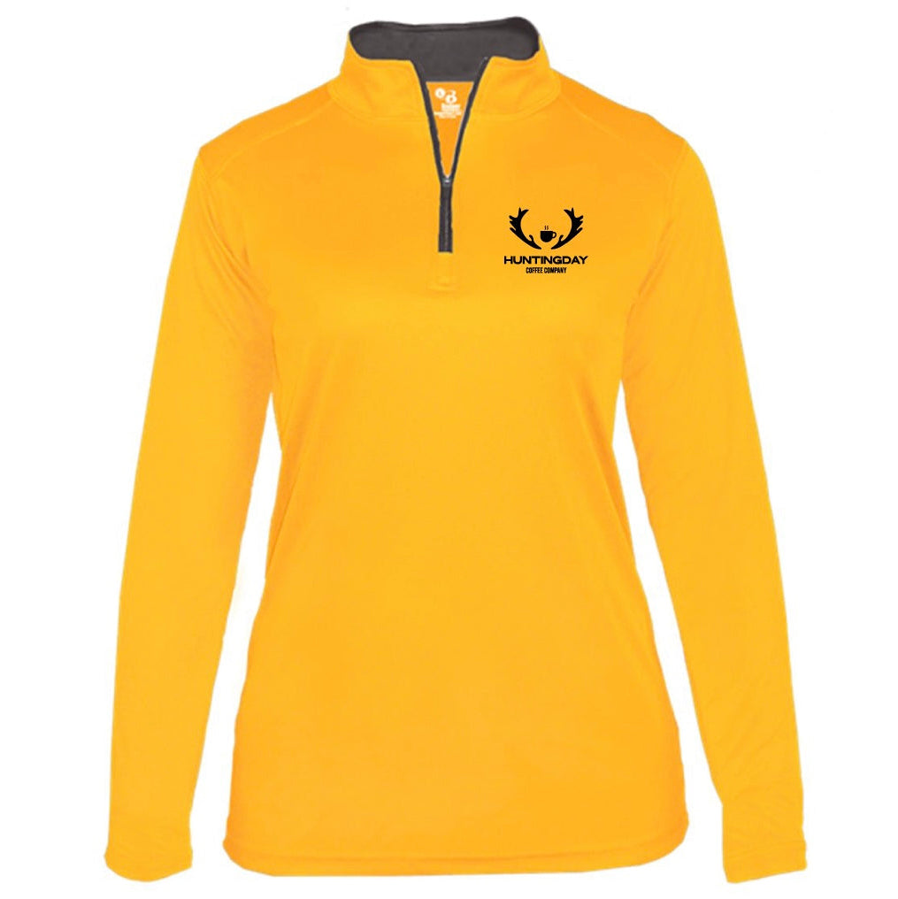 A women's long-sleeve quarter-zip pullover in bright yellow, featuring a black zipper, a black chest logo with a deer head and the words 'HARTSHUDY SPORTS', and a dark gray collar lining.
