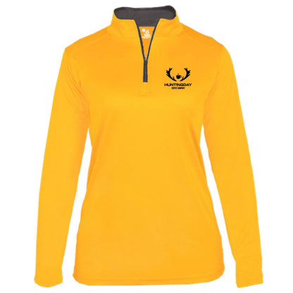 A women's long-sleeve quarter-zip pullover in bright yellow, featuring a black zipper, a black chest logo with a deer head and the words 'HARTSHUDY SPORTS', and a dark gray collar lining.