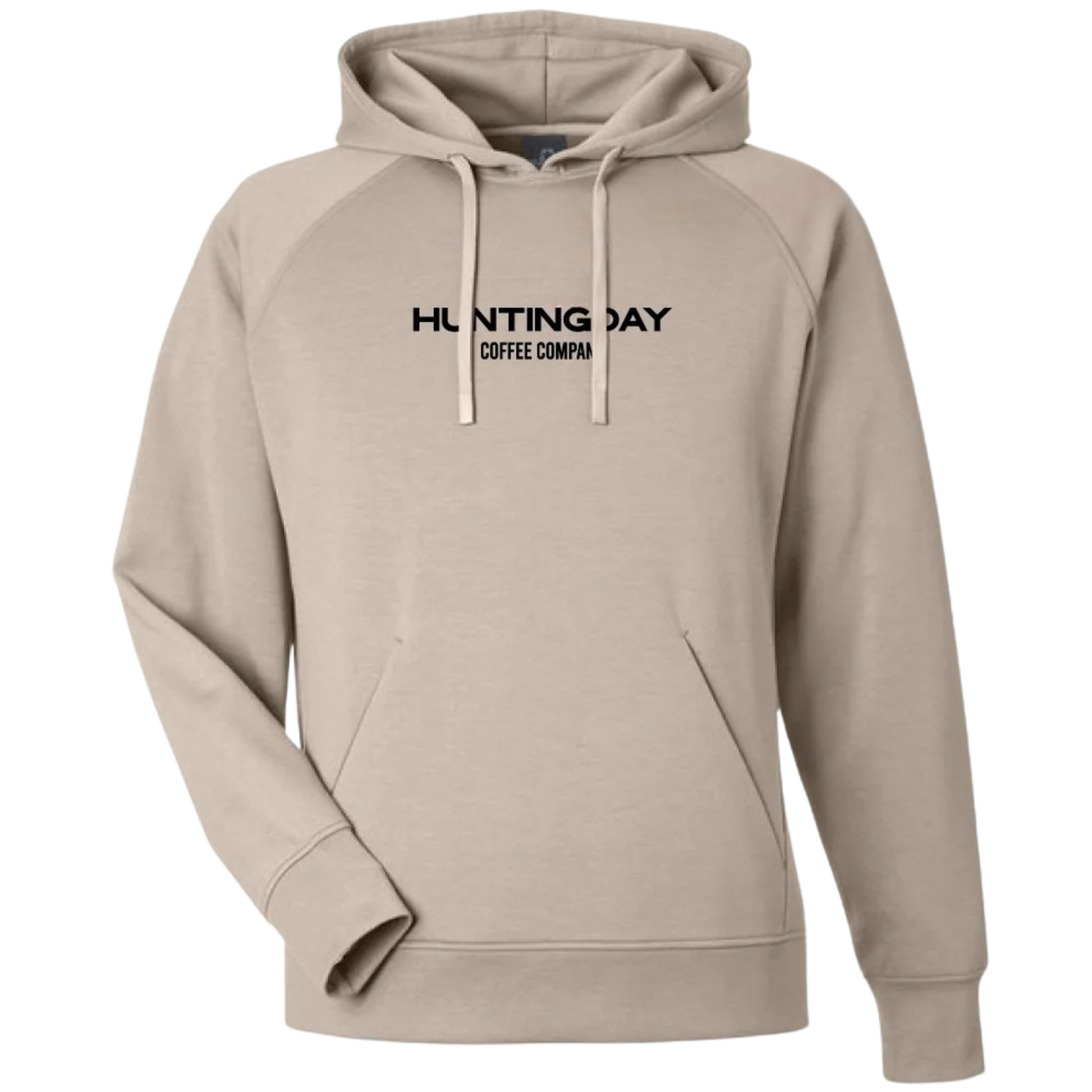 A light beige pullover hoodie with black text on the chest reading 'HUNTING DAY COFFEE COMPANY', displayed on a clean white background.