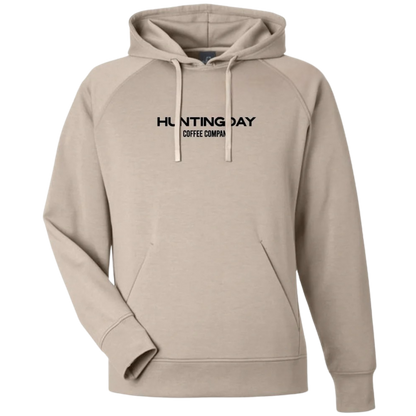 A light beige pullover hoodie with black text on the chest reading 'HUNTING DAY COFFEE COMPANY', displayed on a clean white background.