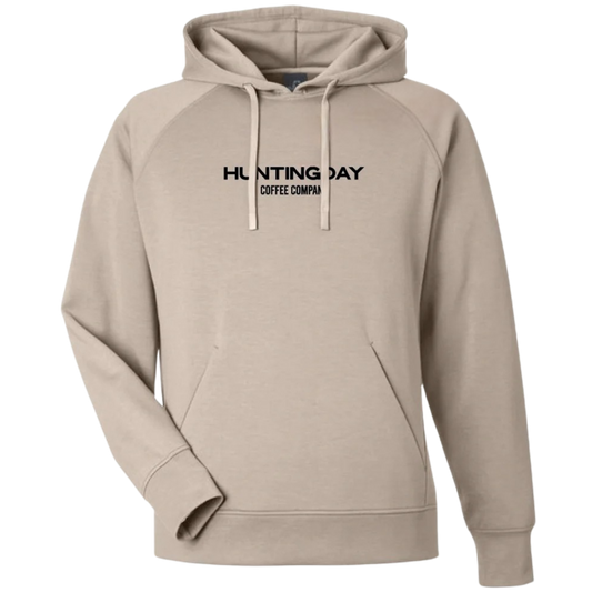 A light beige pullover hoodie with black text on the chest reading 'HUNTING DAY COFFEE COMPANY', displayed on a clean white background.