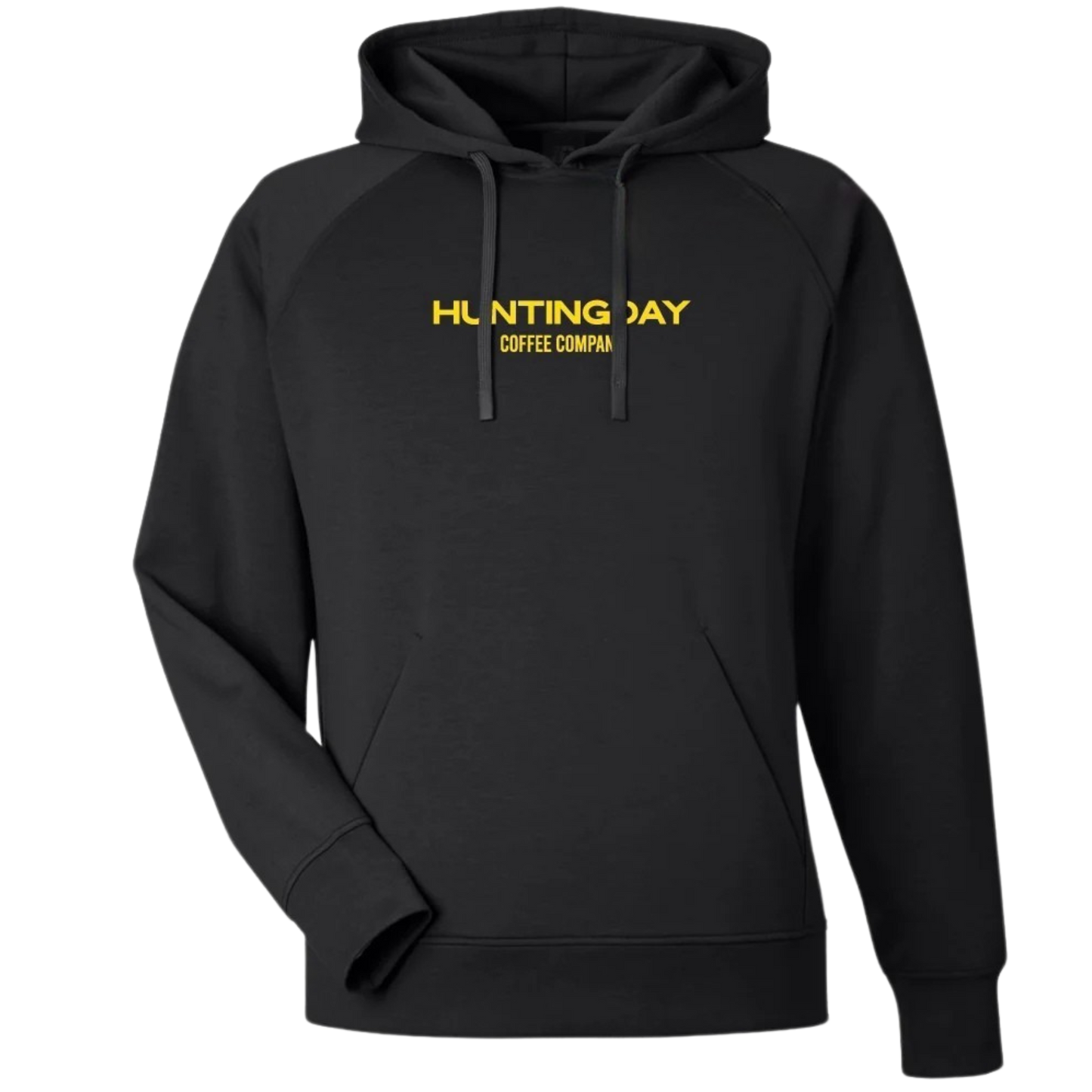 A black pullover hoodie with yellow text reading 'HUNTING DAY COFFEE COMPAN' across the chest, shown on a plain white background.