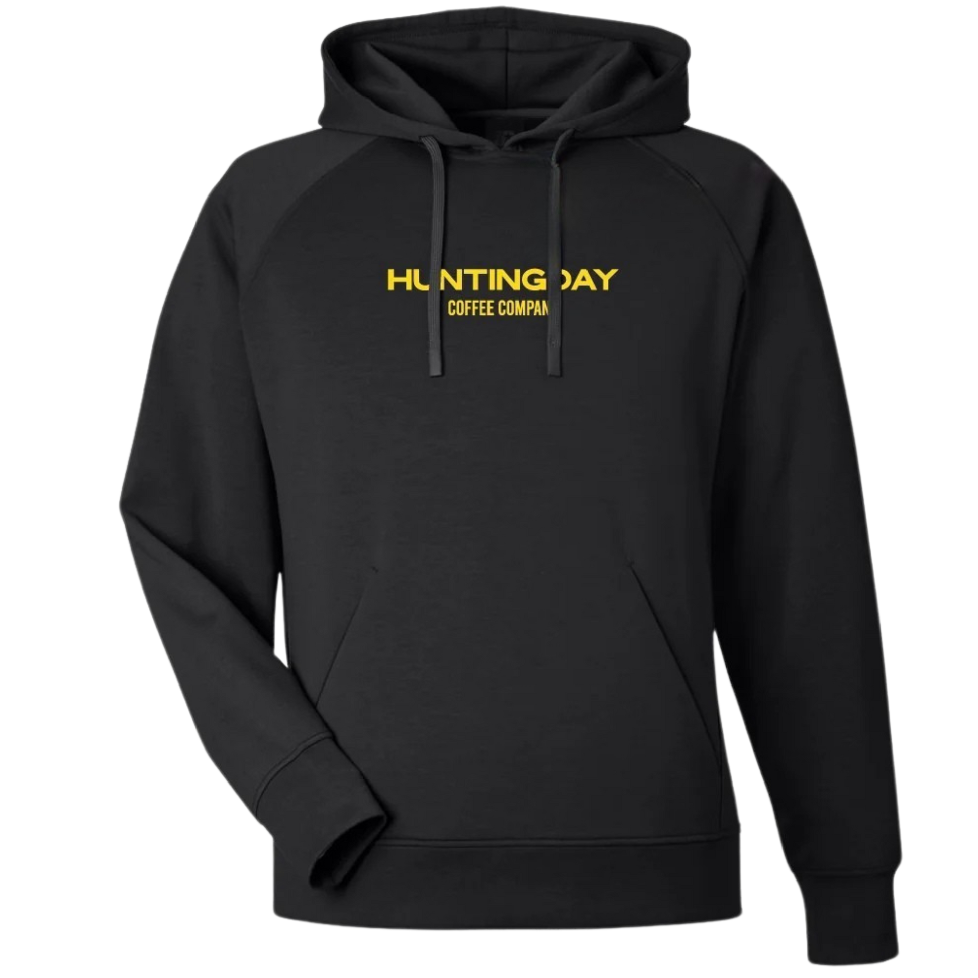 A black pullover hoodie with yellow text reading 'HUNTING DAY COFFEE COMPAN' across the chest, shown on a plain white background.