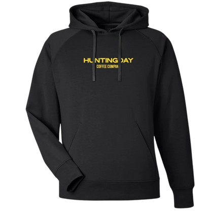 A black pullover hoodie with yellow text reading 'HUNTING DAY COFFEE COMPAN' across the chest, shown on a plain white background.