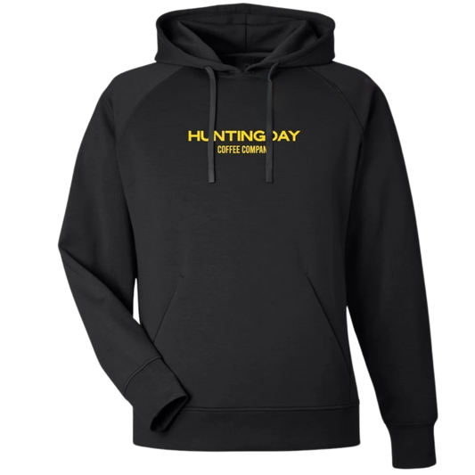 A black pullover hoodie with yellow text reading 'HUNTING DAY COFFEE COMPAN' across the chest, shown on a plain white background.