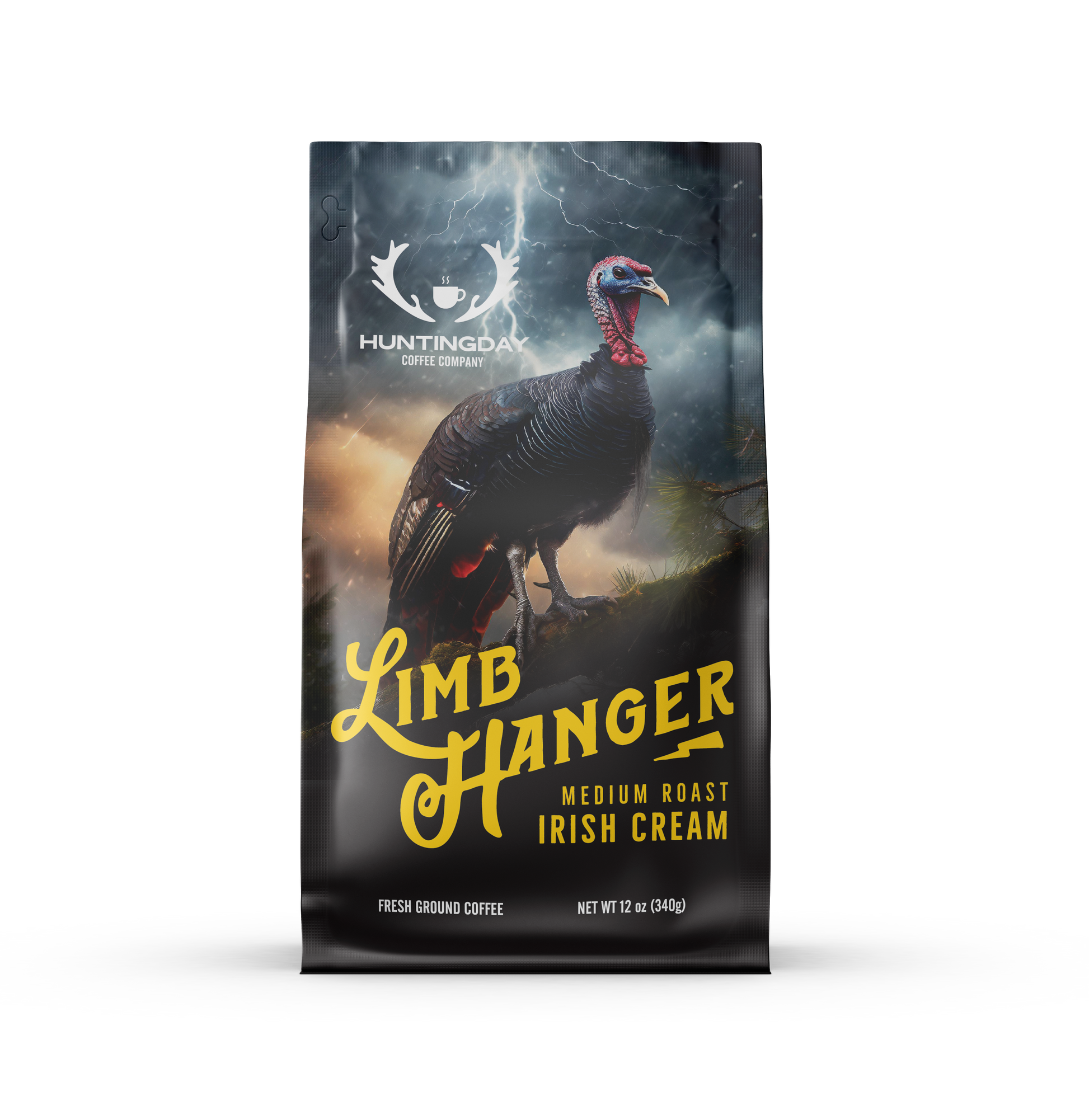 A bag of Huntago Coffee Company 'Limb Hanger' medium roast Irish cream coffee, featuring a graphic of a wild turkey under a stormy sky on a black background with yellow text.