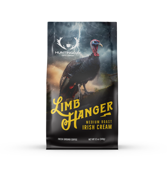 A bag of Huntago Coffee Company 'Limb Hanger' medium roast Irish cream coffee, featuring a graphic of a wild turkey under a stormy sky on a black background with yellow text.
