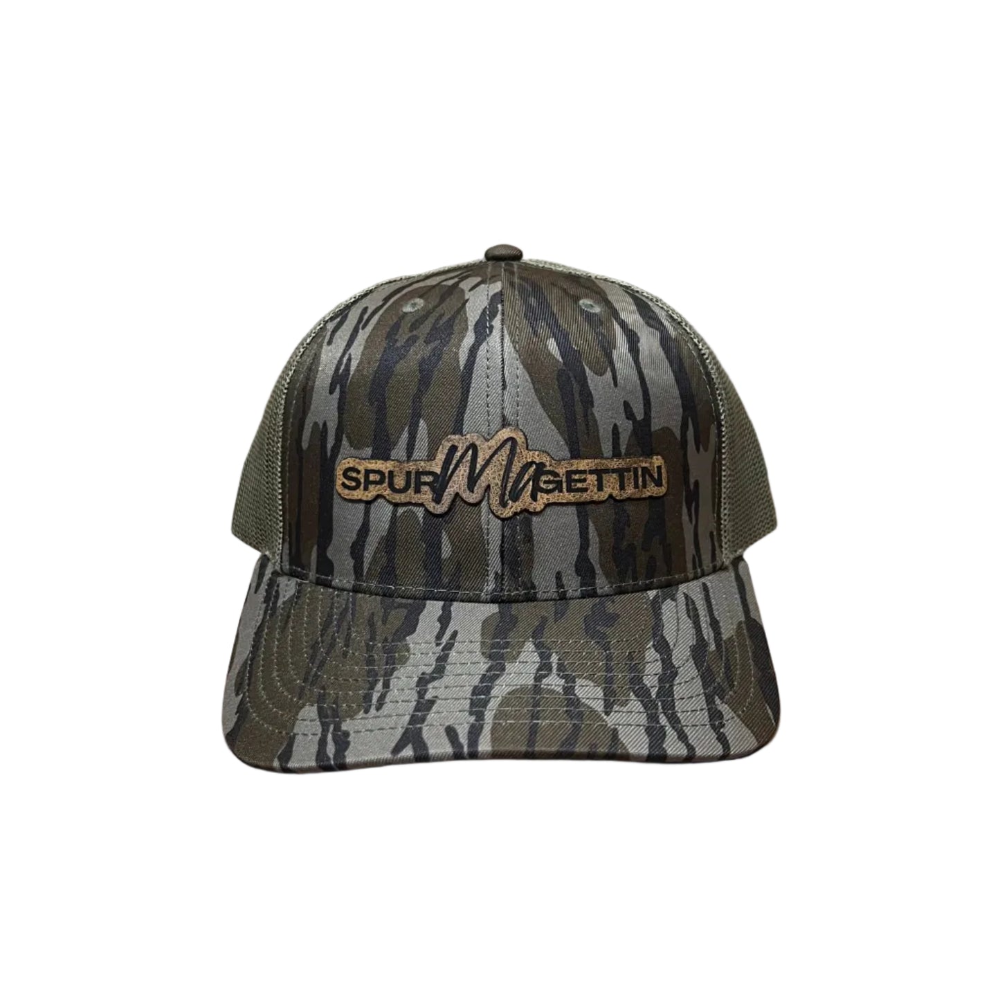 Camouflage-patterned cap with a brand logo