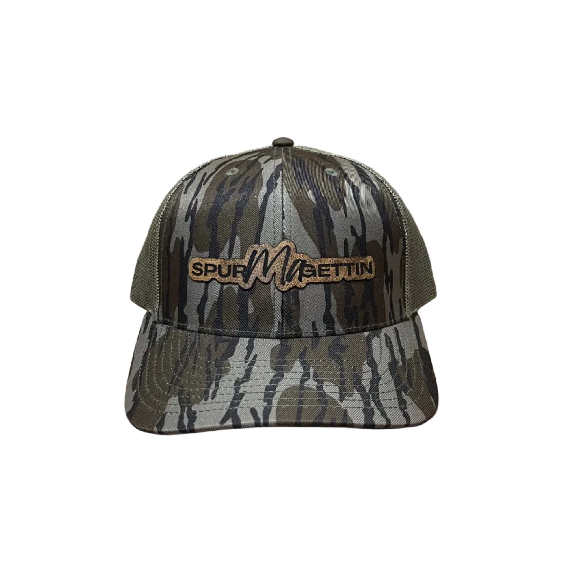 Camouflage-patterned cap with a brand logo