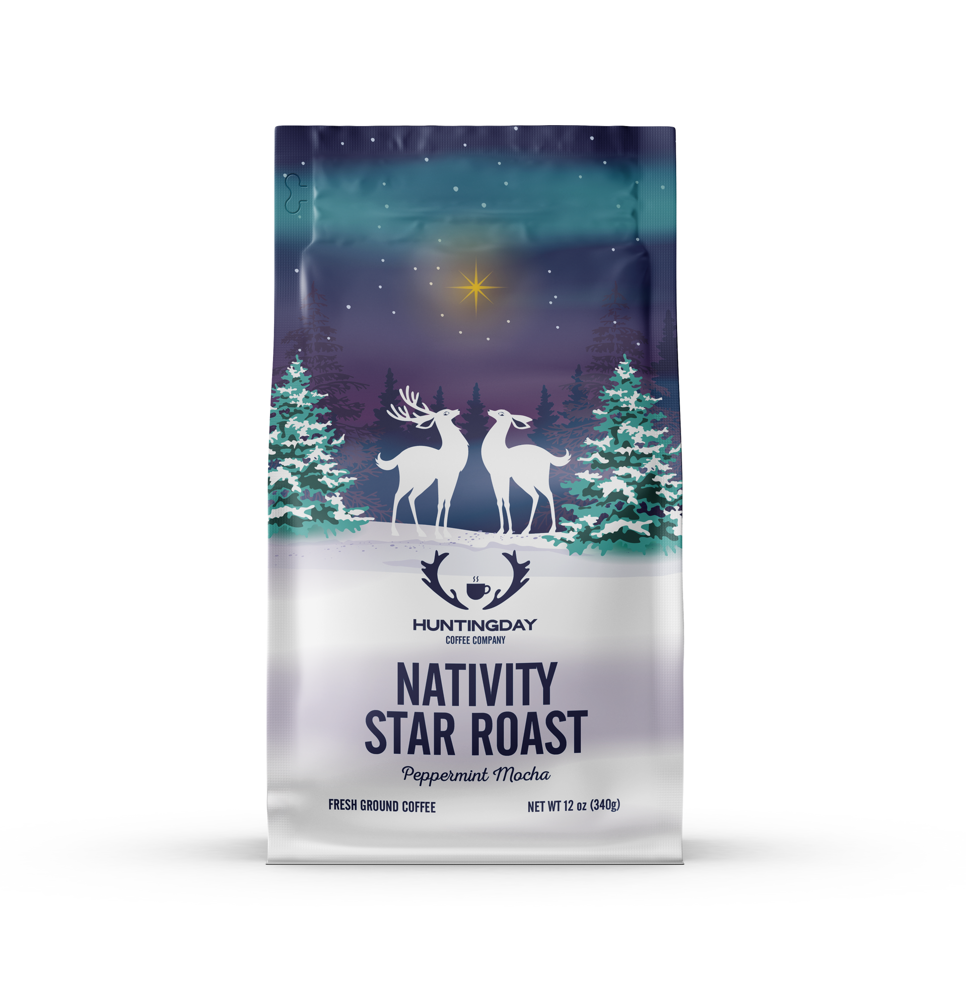 A bag of Huntingday Coffee Company Nativity Star Roast Peppermint Mocha coffee, featuring a festive winter illustration with two white deer, snow-covered pine trees, and a starry night sky on a white background.