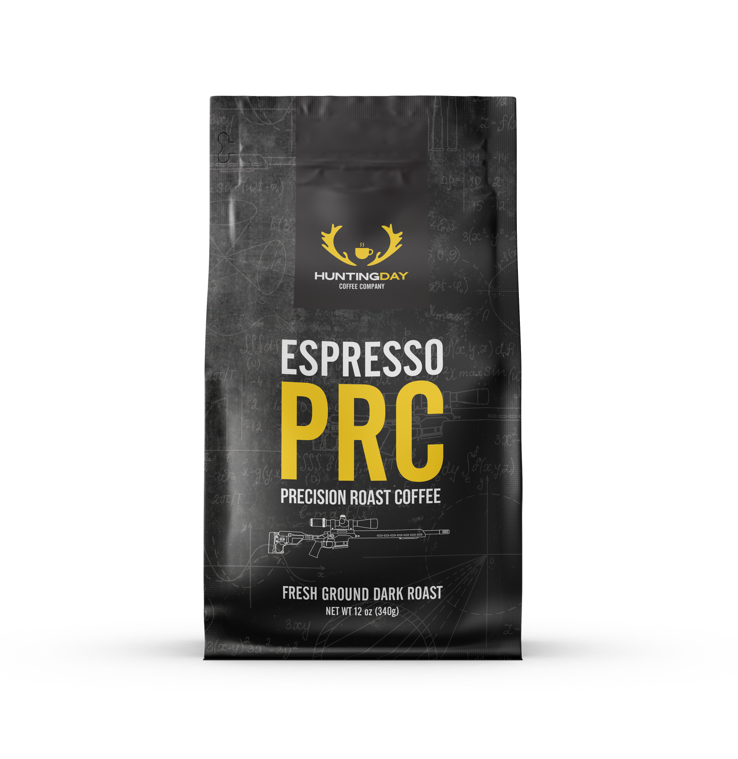 A black bag of Huntingday PRC Espresso Precision Roast Coffee, featuring a dark textured background with faint rifle line art and bold yellow and white text, set against a plain white background.
