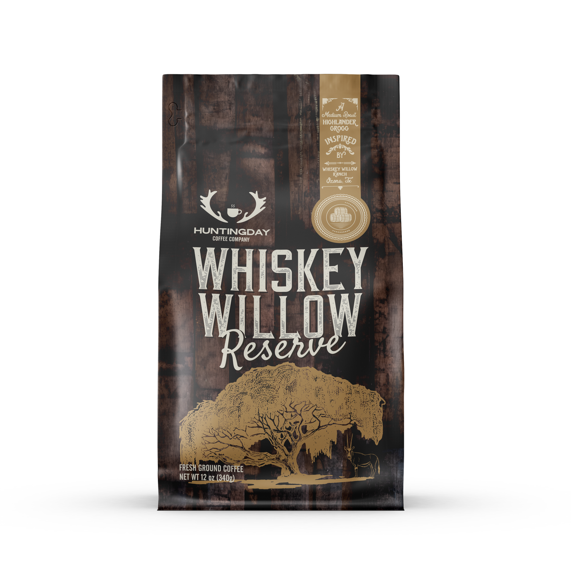 A bag of Huntingday Coffee Company Whiskey Willow Reserve whole bean coffee, featuring a dark brown and black rustic design with gold and white text and graphics.
