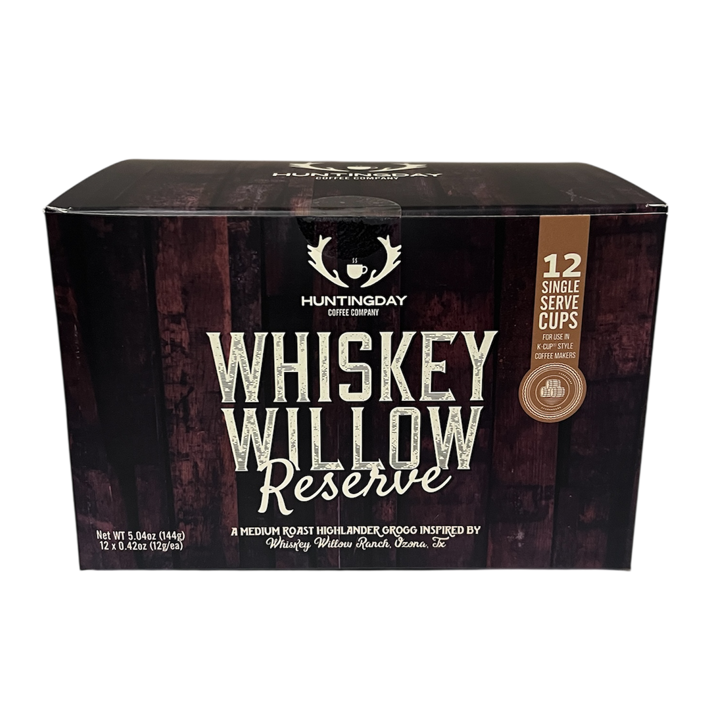 A box of Huntingday Game Foods Whiskey Willow Reserve, featuring a dark wood-grain patterned background with white and light brown lettering, set against a plain white background.